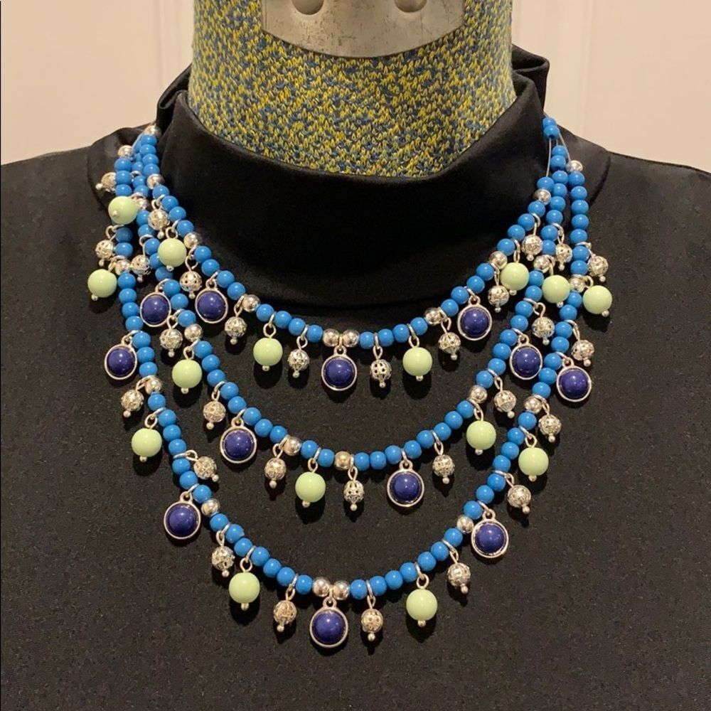 ✨ Bold & Beautiful Triple Strand Necklace – Blue, Green & Metallic Sparkle